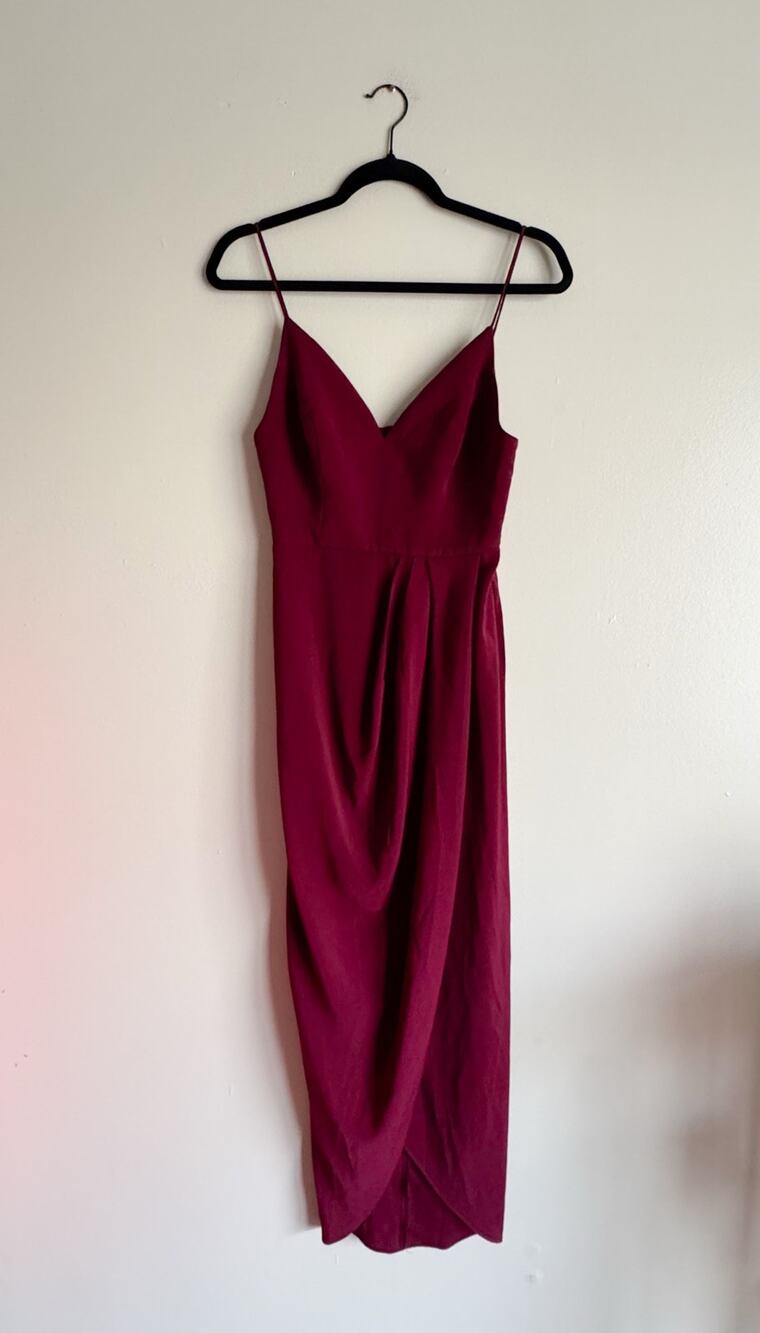 Shona Joy Maroon V Neck Drapey Side Slit Midi Dress Sexy Wedding Guest Event